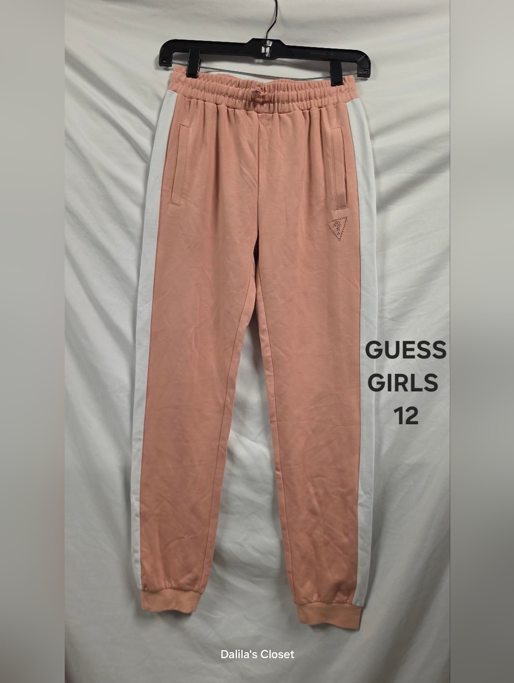 GUESS Girls Pink Jogger Pants with White Side Stripes - Size 12
